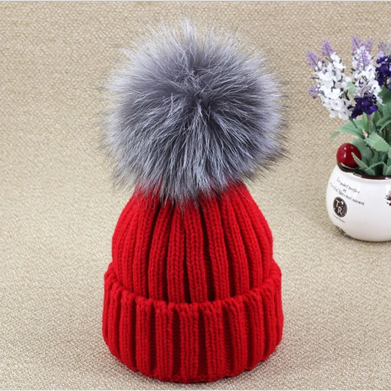 Новая женская зимняя шапка из лисьего меха 12 см, круглая Лыжная шапка с помпоном - Цвет: Красный