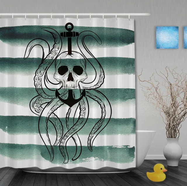 Piraten Schedel Anker Douchegordijn Octopus Gestreepte Badkamer ... Piraten Schedel Anker Douchegordijn Octopus Gestreepte Badkamer ...