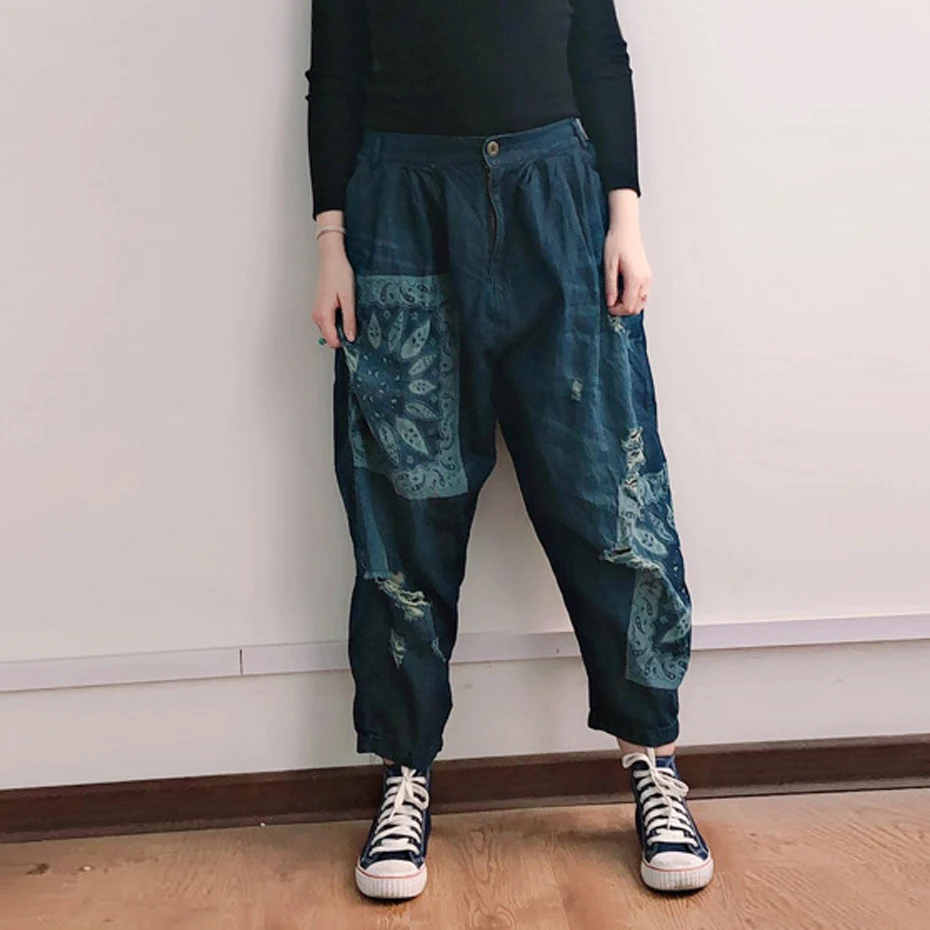 

Women Denim Pants Bottom Straight Jeans Trousers Big Size Loose Patchwork Embroidery Ripped Holes Casual Vintage Fashion X07