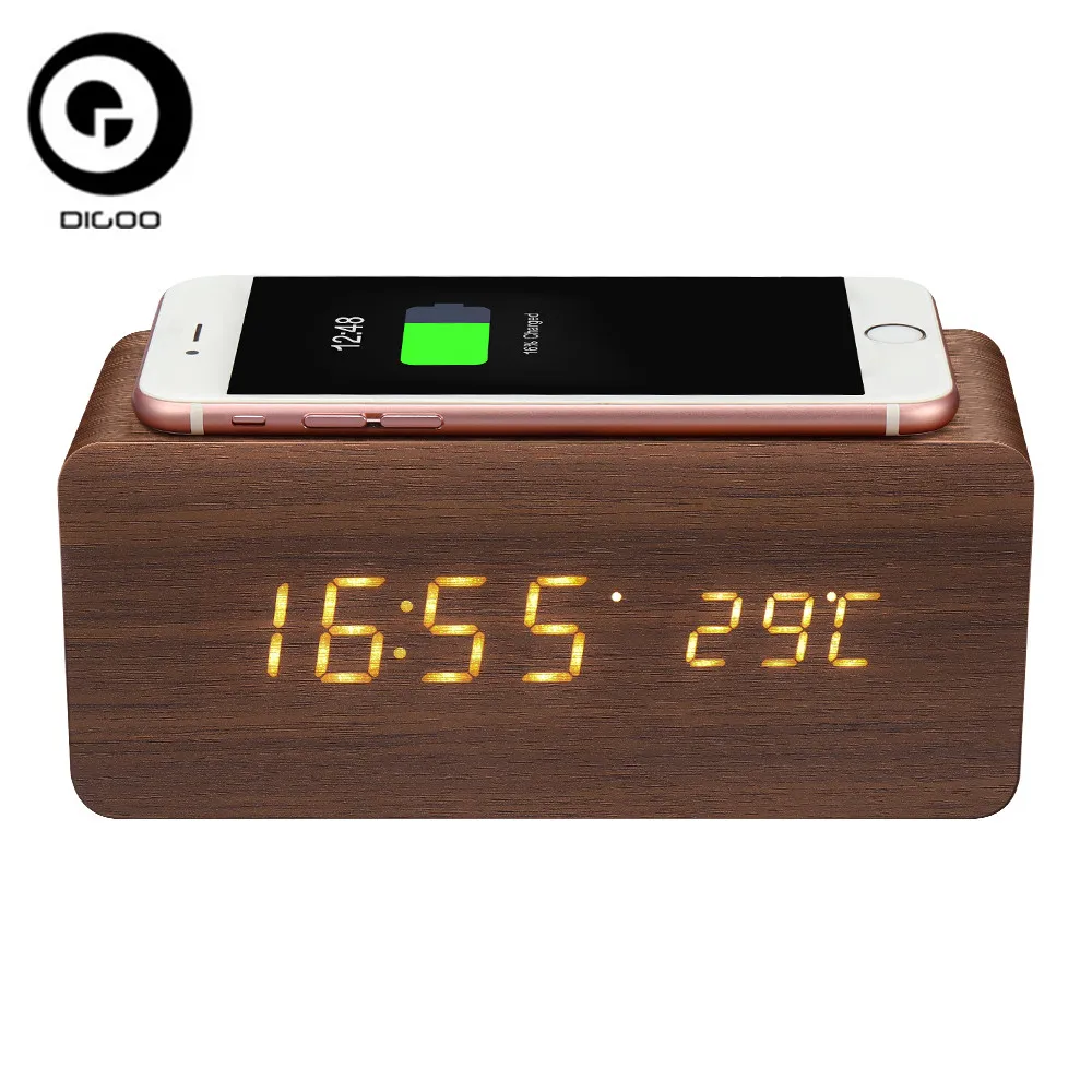 

Digoo DG-AC80 Wireless Charging Voice Control Digital Wooden Alarm Clock LED 12/24 Hour Display Thermometer Temperature Clock