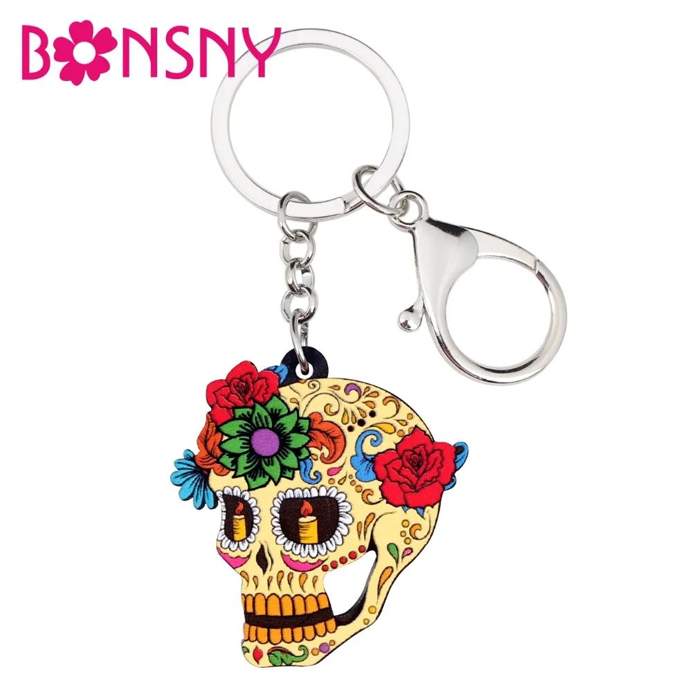 Bonsny Acrylic Halloween Classic Flower Skull Key Chain Keychain Rings Fashion Jewelry For Women Girls Car Purse Bag Charms Gift | Украшения