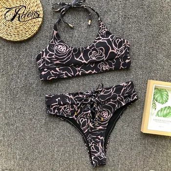 

Urifens Bikini 2019 Summer Beach Sexy Lace Up Swimwear Women Female Push Up High Waist Bikini Set Black Bathing Suit LKN26