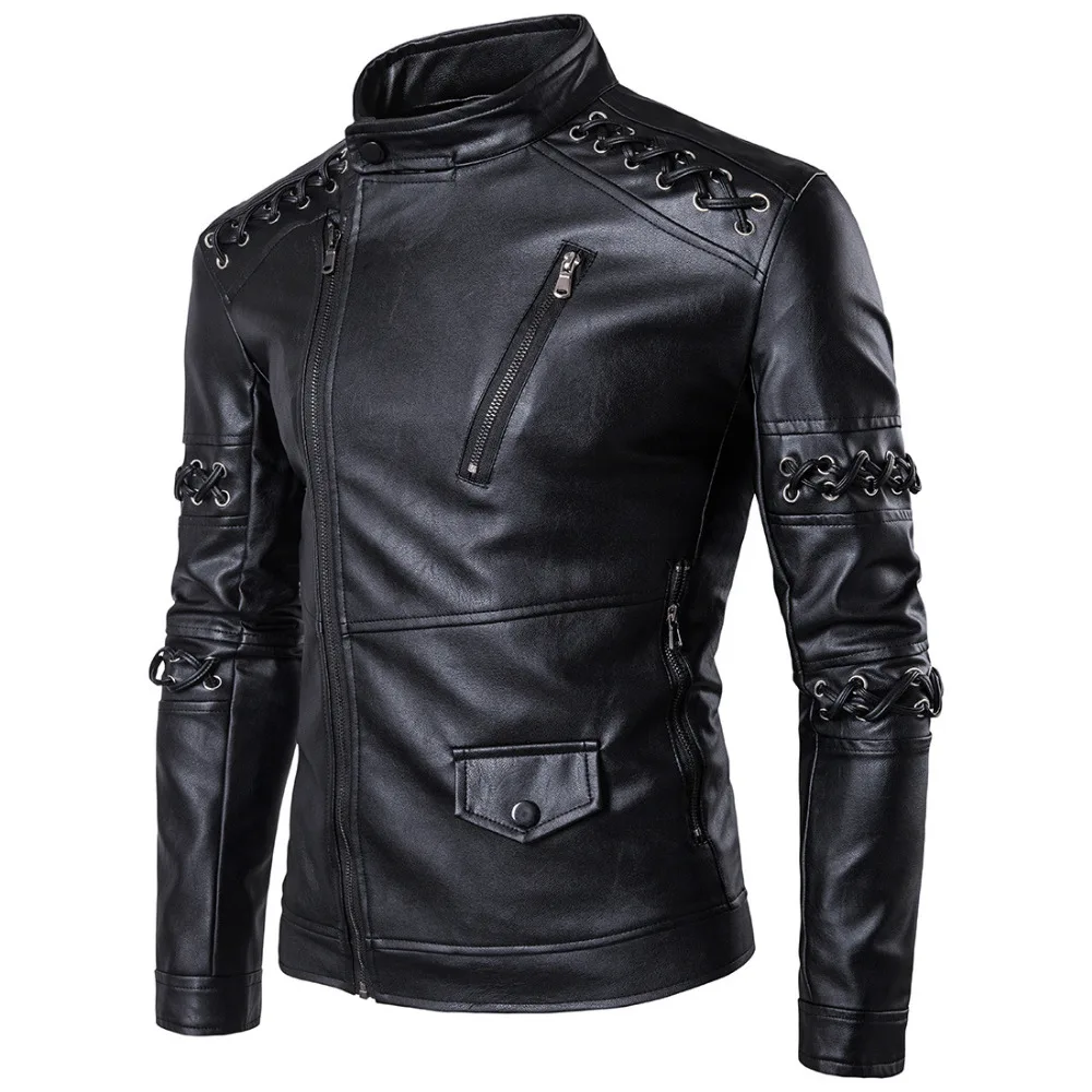 2017 Autumn male leather jacket bandage long sleeve motorcycle jacket