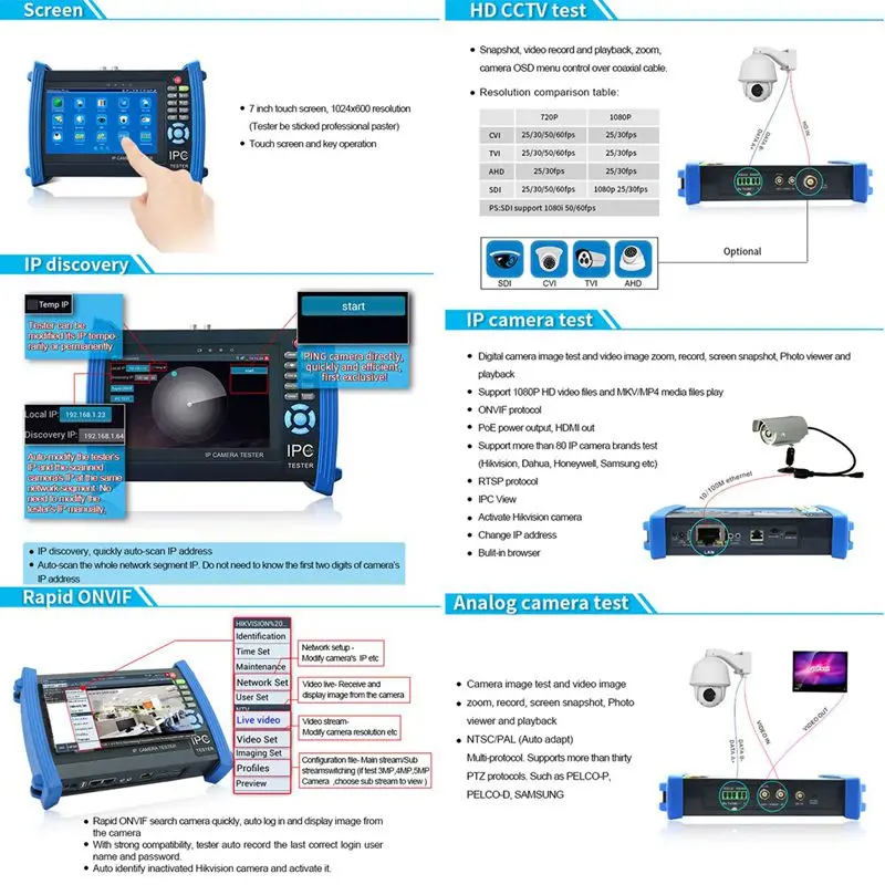 Cctv безопасности Тесты er монитор Ipc Sdi Tdr Pom мульти Функция 7 дюймов Экран Камера
