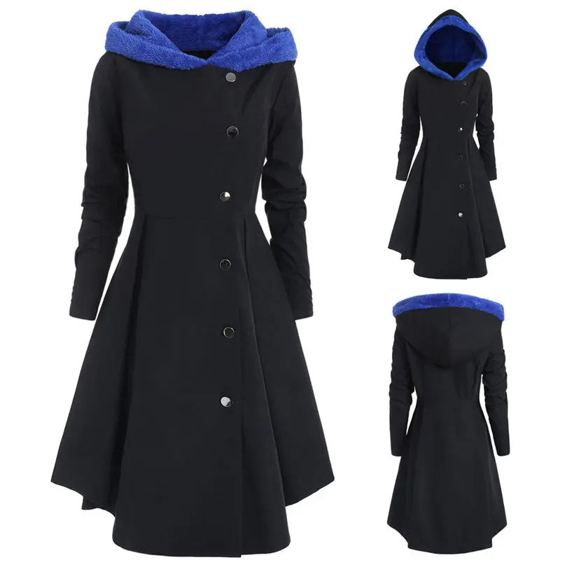 New Women fashion Plus Size Asymmetric Keep Warm Fleece Hooded Single Breasted Long Drap Buttons Coat #4F10 (22)