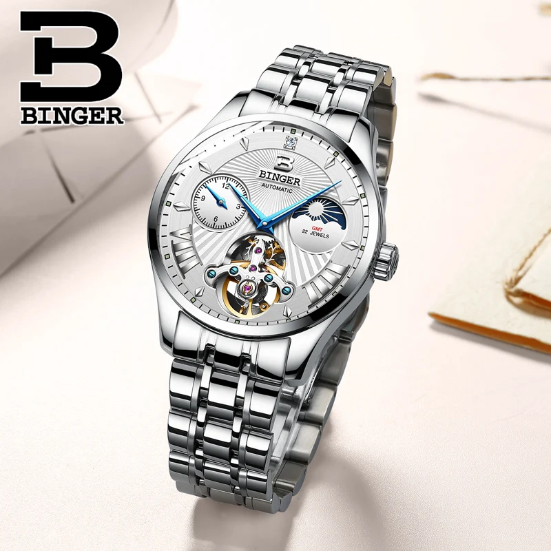 Швейцарские автоматические часы BINGER Tourbillon Мужские со стальным ремешком