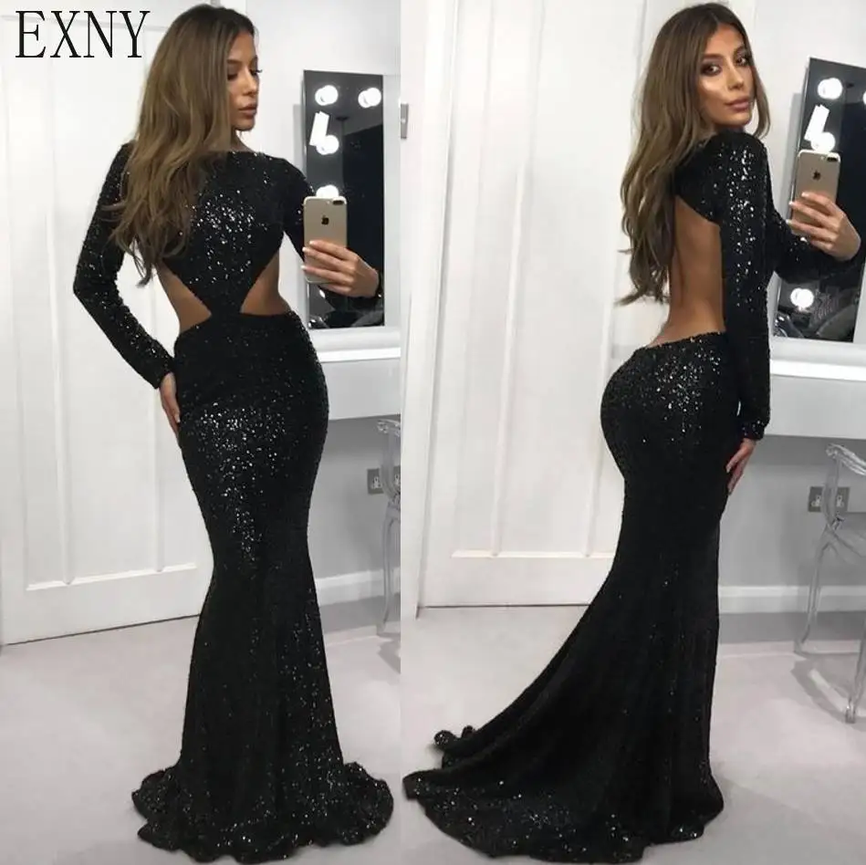 Sexy Black Backless Mermaid Long Prom Dresses 2019 Elegant Sequins Evening Custom Make Plus Size Party Dress Hot | Свадьбы и