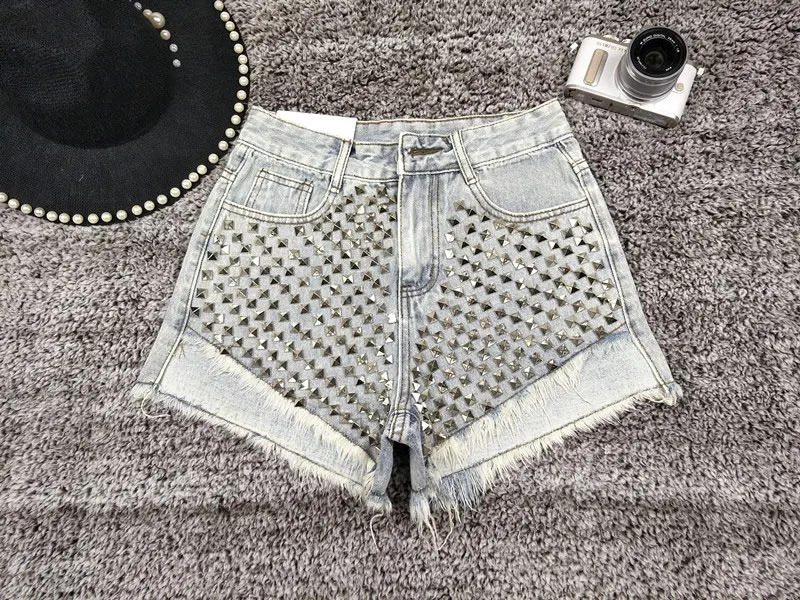 

Summer Shorts Women Rivet Denim High Waist Slim Women Shorts Fashion Vintage Shorts With Pocket Sexy Short Feminino Streetwear