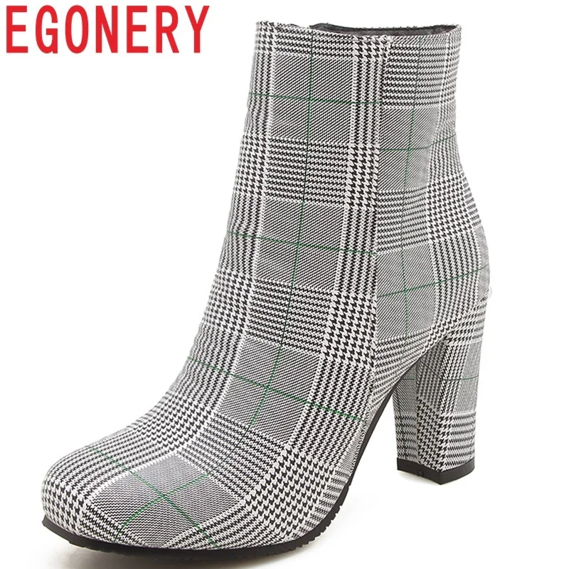 

EGONERY 2018 new fashion square toe super high spike heels zipper plaid women shoes winter plush warm three colors ankle boots