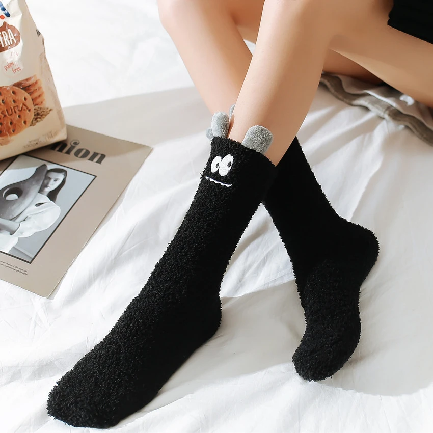 

Thick coral fleece Funny socks women Cartoon little monster embroidered pattern sleep socks Stereo ears half fleece home socks(S