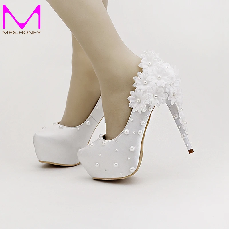 Beautiful White Satin Flowers Bridal Shoes Super Stiletto High Heel