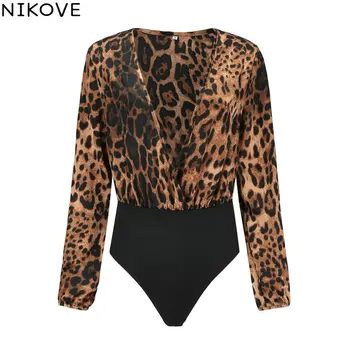

NIKOVE 2019 Autumn New Women's V-neck Long-sleeved Leopard Print Basesuit Sexy Women Jumpsuits Size S-XL