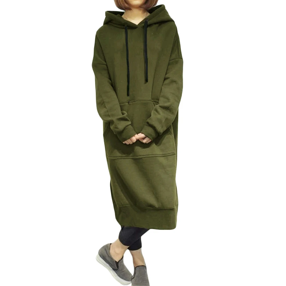

2019 Winter Spring Long Dress Women Loose Long Sweatshirt Hooded Dress Solid Long Sleeve Pocket Split Casual Warm Hoodies female