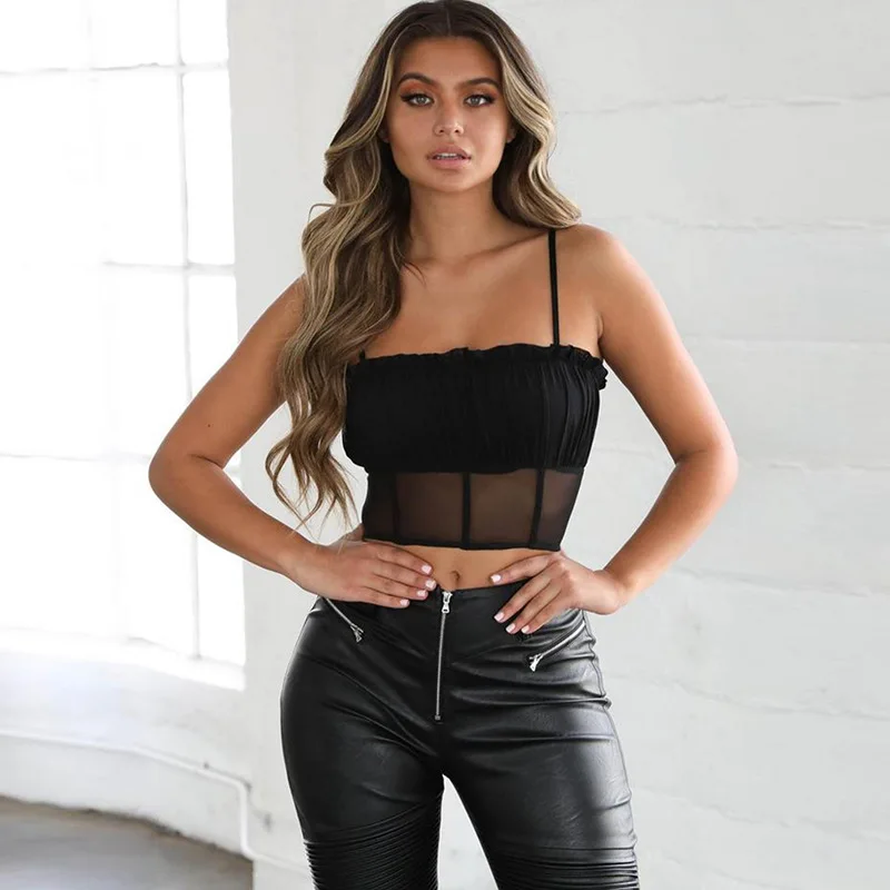 Hugcitar spaghetti straps mesh patchwork ruffles sexy camis 2019 summer women fashion party club streetwear solid crop tops