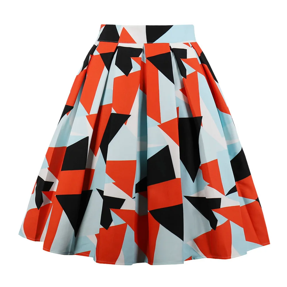 Ретро геометрический принт, Женская винтажная юбка с высокой талией, а-образная Юбка До Колена, 1950 s, рокабилли, юбки для вечеринок размера плюс S-4XL