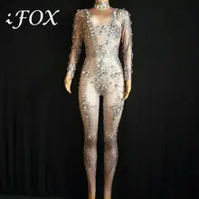 Bright Rhinestones Grid Pattern Jumpsuit Stretch Leggings Nightclub Singer Dancer Show Wear Women's Prom Party Sexy Bodysuit yellow tiger pattern printed sexy jumpsuit skinny leggings rompers nigthclub singer dancer performance stage show nude costume