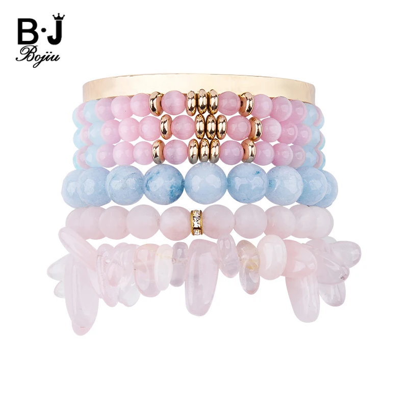 

BOJIU 5 Pcs/Set Multilayer Natural Stone Bracelets For Women Bohemia Quartz Cat's Eye Stone Crystal Gold Cuff Bracelets BCSET257