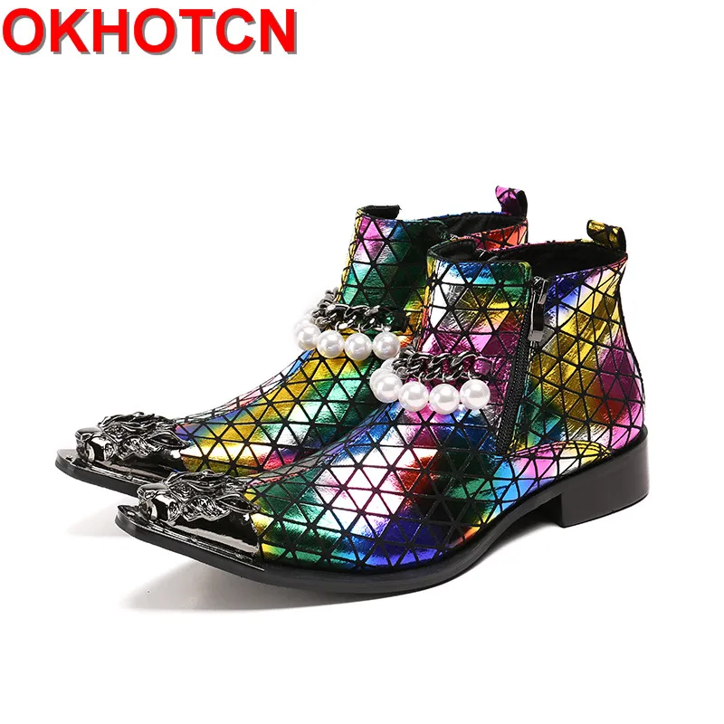 Fashion Metal Toe Ankle Boots Chain Pearl Decor Mens Zipper Boots Pointed Toe Colorful Leather Winter Men Dress Party Shoes цена Fashion Metal Toe Ankle Boots Chain Pearl Decor Mens Zipper Boots Pointed Toe Colorful Leather Winter Men Dress Party Shoes цены онлайн