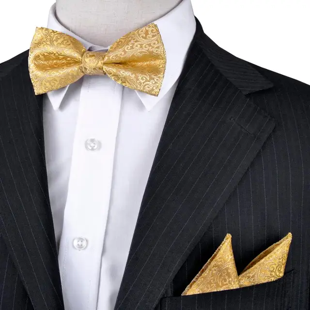 Free Shipping Geometric Floral Yellow Gold Men's Pre tied Tuxedo Bow