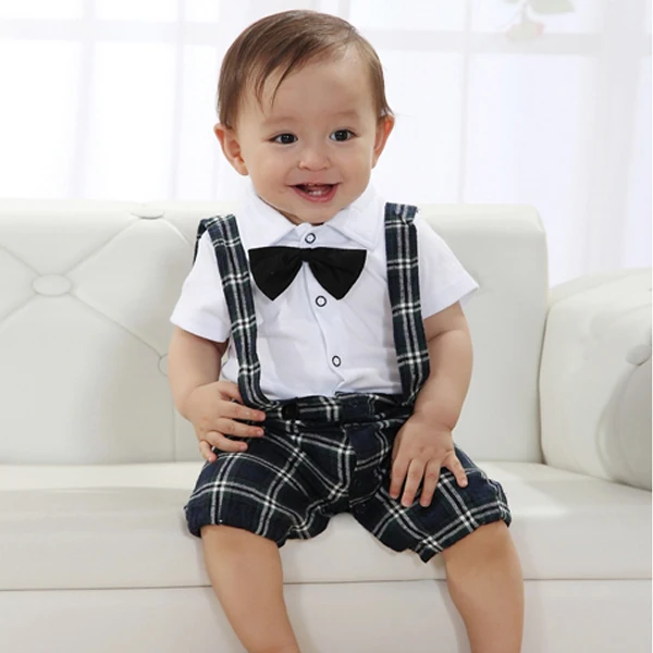 

Fashion Cute Baby Boy Casual Wedding Suit 0-3Y Clothes Set Vest Kawaii Plaid Straps Bowtie