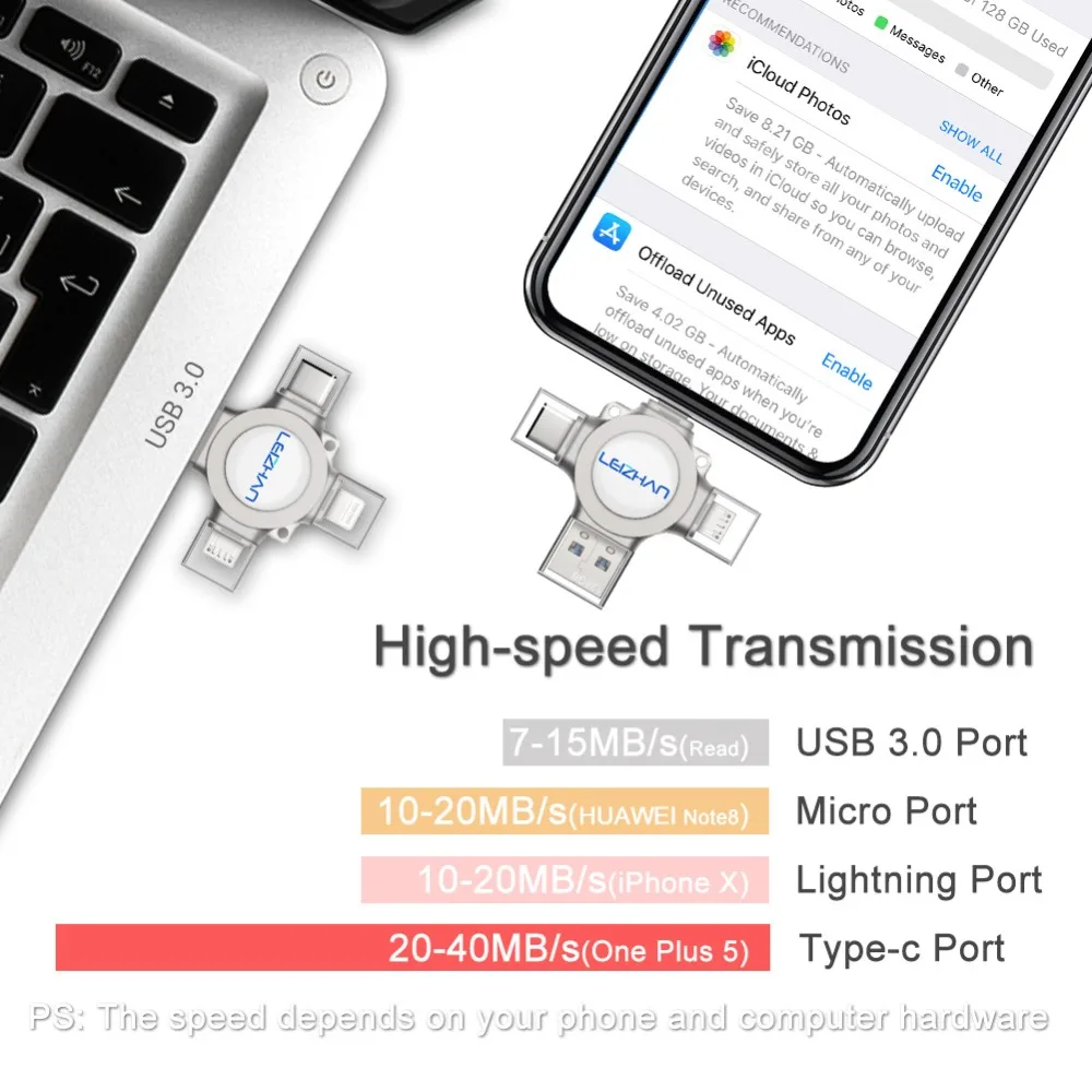 LEIZHAN флэш накопитель для iphone Lightning Фотобарабан USB 3 0 128 ГБ флеш TYPE C Флешка 64 32 16