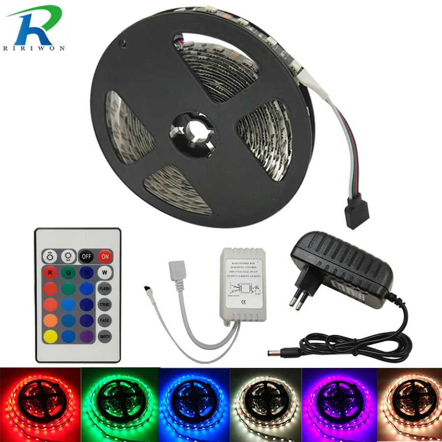 

5M RGB Black Led Strip SMD 5050 Waterproof LED Diode Tape Ribbon DC 12V LED Strip Light with 24key Controller Adapter for Home