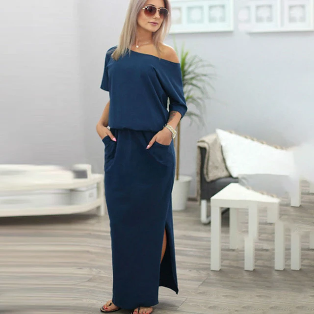 2018 Sexy Summer Women Boho Maxi Dress Short Sleeve Side Slit Loose Evening Party Long Beach Dress With Pocket Vestidos NQ804156