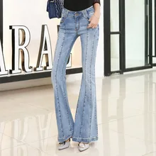 Европа и США Женская Ветер Сращивание Рог голенища джинсы штаны для девочек под платья и туники эластичные джинсовые брюки