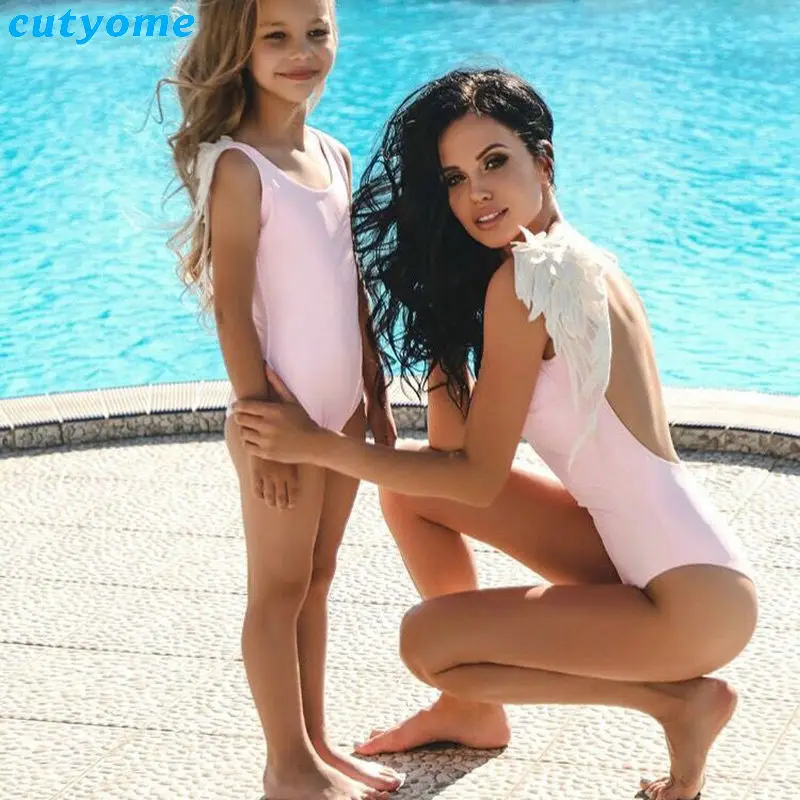 2019 Family Matching Women Swimsuit Mother Daughter Adult Kid Baby Girl Feather One Piece Bikini Swimwear Bathing Suit Beachwear (46)