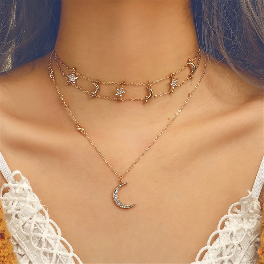 

Pendant Necklace Women Necklaces Gothic Gold Star Moon Chain Necklace Jewelry Choker Pendant Couple Collares De Moda 2019 L0619