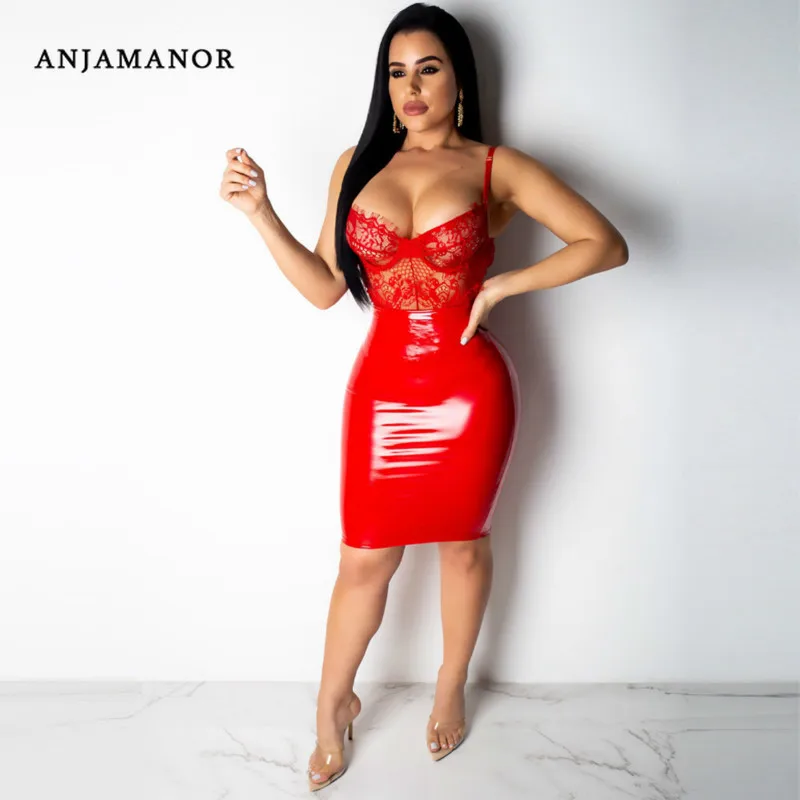 ANJAMANOR Lace PU Leather Sexy Dresses Part