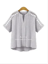 Lace Vertical Striped V Neck T-shirt Thin Women Short Sleeve Bat Sleeve T Shirt 2017 Summer Plus Size T Shirt
