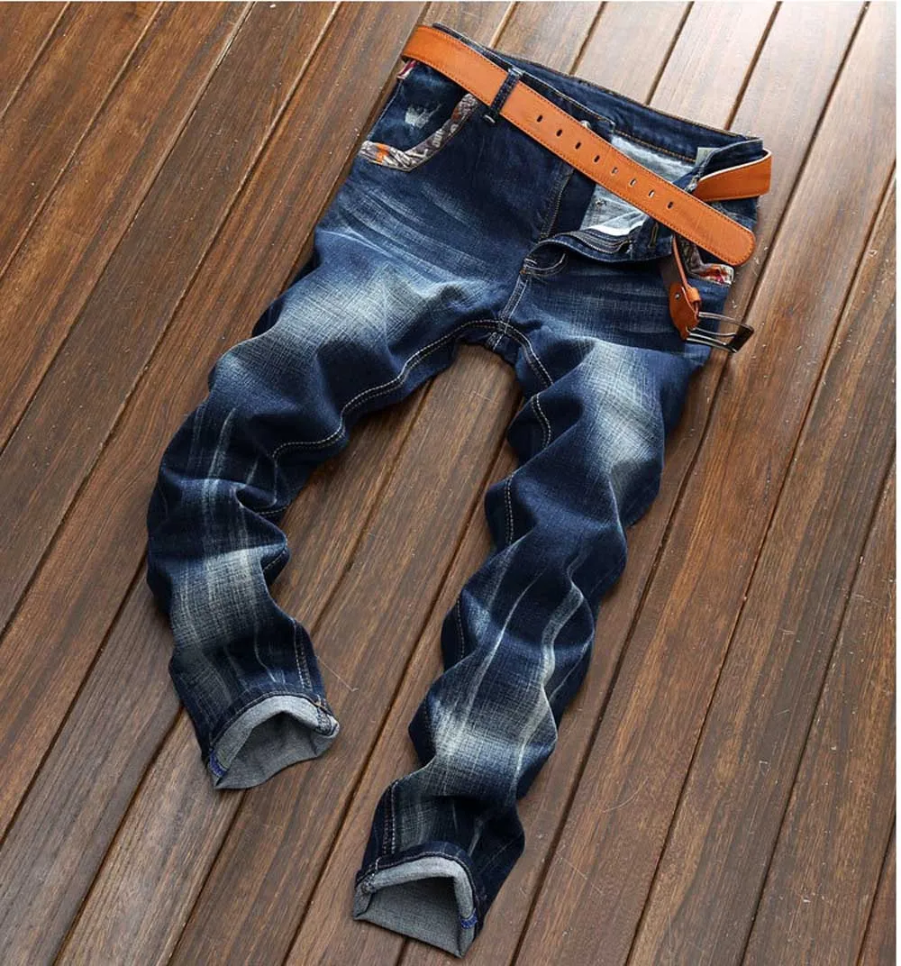 NEW Male Jeans Fashion Solid Color Slim Fit Trousers Springy Mens Comfortable Cotton Pants Scratched Straight Type | Мужская одежда