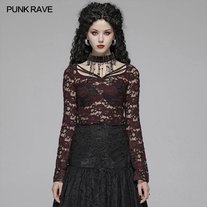 

PUNK RAVE Women's Gothic Lace Floral Long Sleeve Sexy Perspective T-shirts Evening Party Elegant Female Tops Tees Woman Clothes
