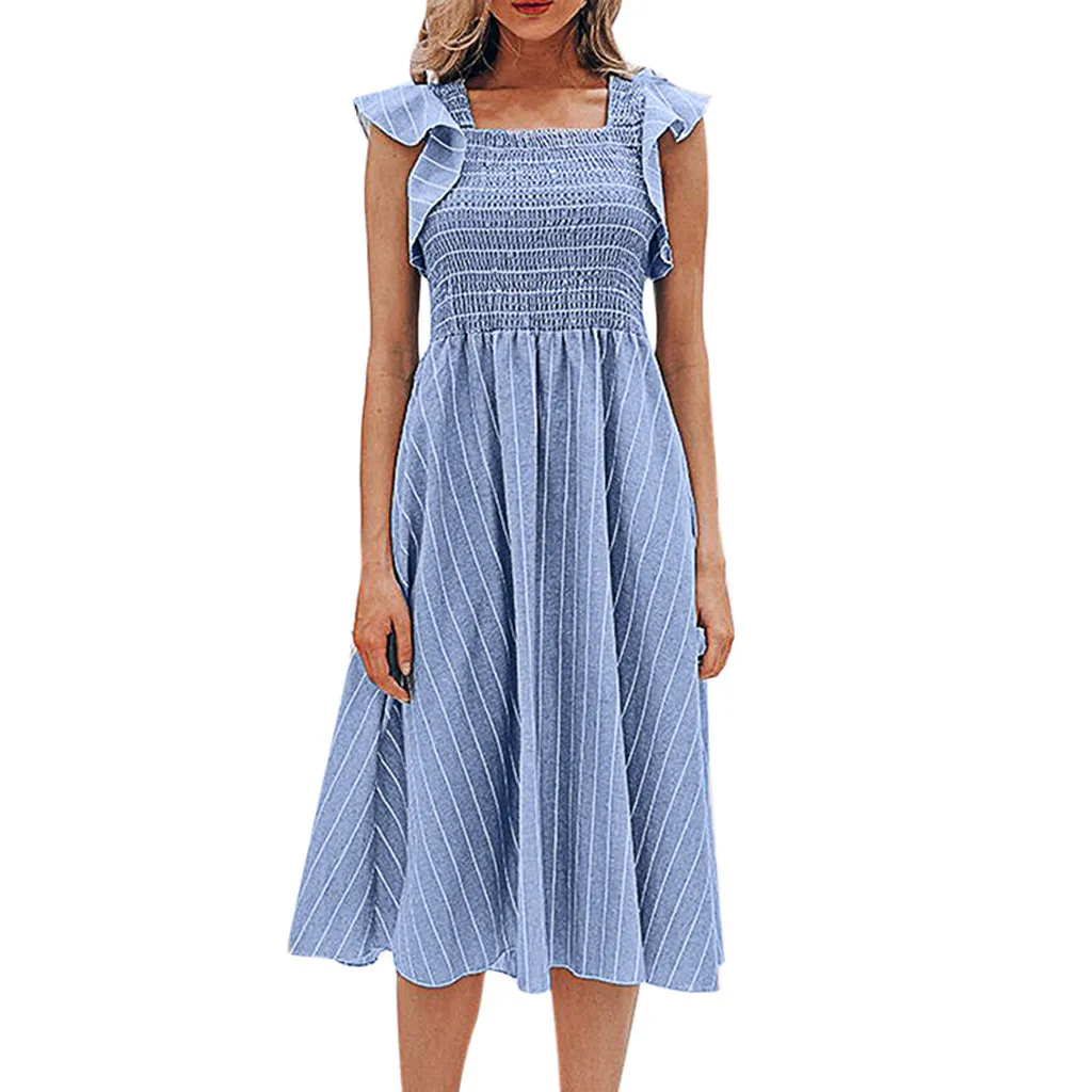 Страусиное платье, женское модное сексуальное Повседневное платье с оборками и рукавами, женское платье с квадратным воротником в полоску, длинное платье, женское летнее платье - Цвет: Синий