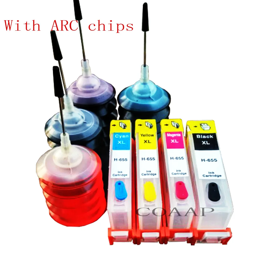 4 Compatible hp 655 Refillable Empty cartridge + 120ml Dye inks For