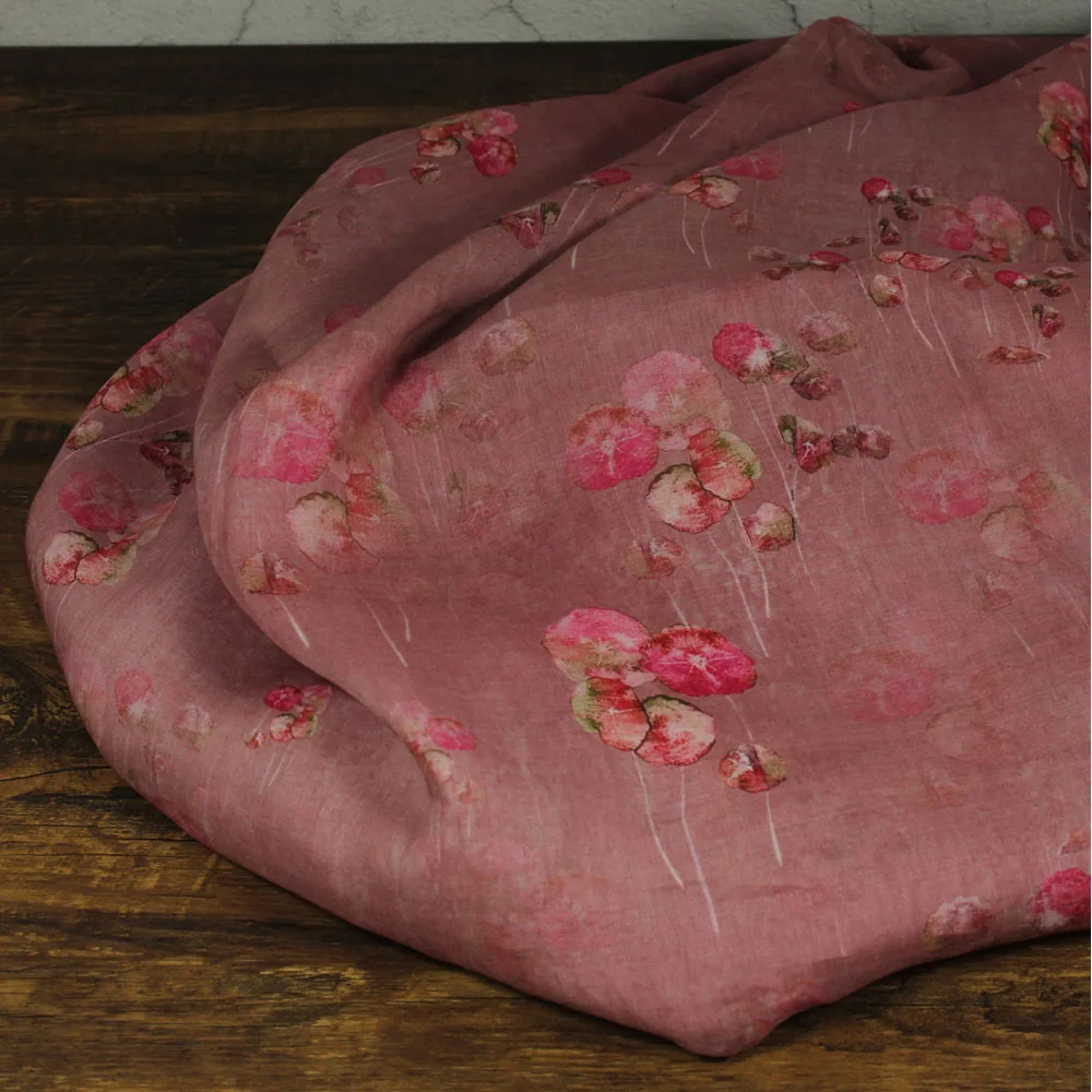 

New Pure Ramie material Beautiful Petal printing fabric Thin style in summer sewing fabric High-end dresses clothes tissus