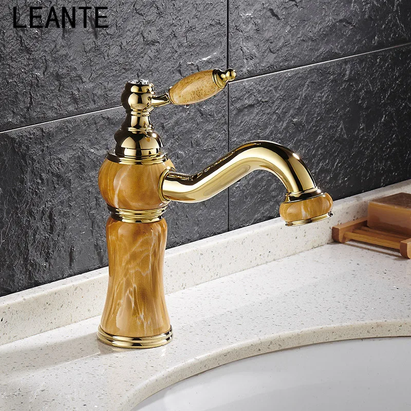 LEANTE Red Rose Gold Artificial Jade Basin Faucet Vintage Tap 360 Swivel Spout Brass Cold Hot Mixer Classic Luxury L9084 | Обустройство
