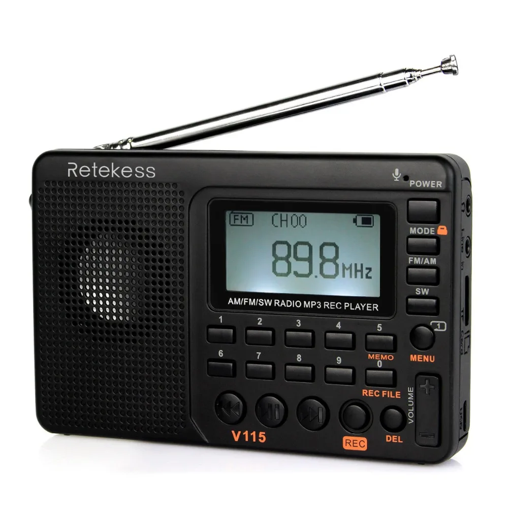 

Retekess V115 Portable Radio FM/AM/SW World Band Receiver MP3 Player REC Recorder With Sleep Timer Black FM Radio Recorder