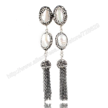 

BOROSA 5Pair/lot Silver Color Two Natural Freshwater Pearl Stud Earrings Paved Zircon with Black Chain Tassel JAB172