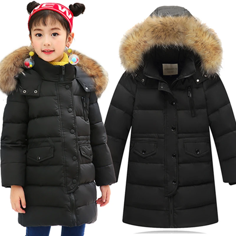 

2017 Winter Children Duck Down Large Faux Fur Collar Jacket Coat Girls Fashion Long Thicken Outerwear Warm Snowsuit Kids Clothes