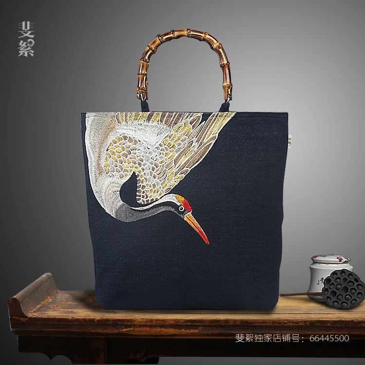 

Original Embroidery Crane Cotton Knit Hemp Artisti Shoulder Bag Female Linen Recycle Designer Evening National Bag High Capacity