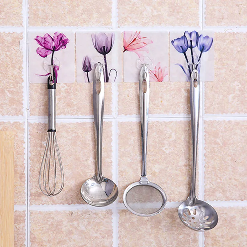 

Bathroom Accessories Adhesive Hook Wall Sticky Holder Kitchen Hanger Portable Clothes Towel Rack 1 PC Flower Pattern PVC