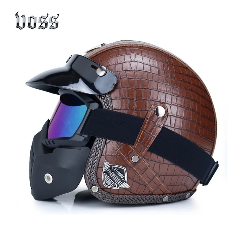 Retro motorcycle PU leather 3/4 open face helmet chopper bicycle helmet capacete predator helmet with goggles mask - Цвет: 7B