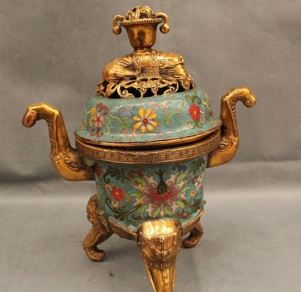 

wholesale factory 12" Chinese Dynasty Cloisonne Bronze Gild Elephant Incense Burner Censer Statue