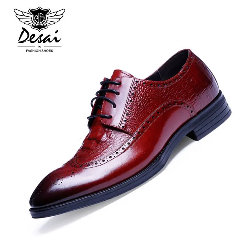 

DESAI Brand Luxury Mens Dress Shoes Genuine Leather Pointed Toe Carved Crocodile Style Wedding Party Men Shoes For Business