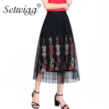 SETWIGG/Милая вышитая яркая многослойная фатиновая длинная Плиссированная летняя юбка с эластичной резинкой на талии, трапециевидные сетчатые юбки до середины икры