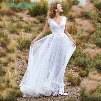

Chengjun New Product V Neck Tulle Sky Blue And White Lace Simple Beach Wedding Dress