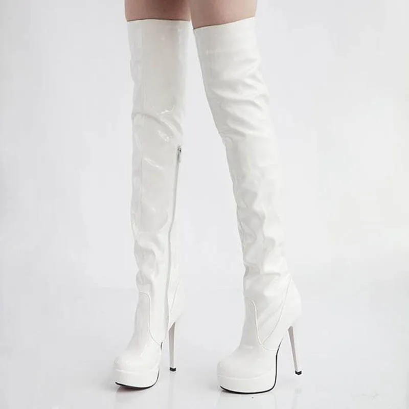 Plus Size 34-43 Women Tall Pole Dancing Boots Patent Leather Thigh High Boots Fashion Over the Knee Boots High Heels Shoes Woman