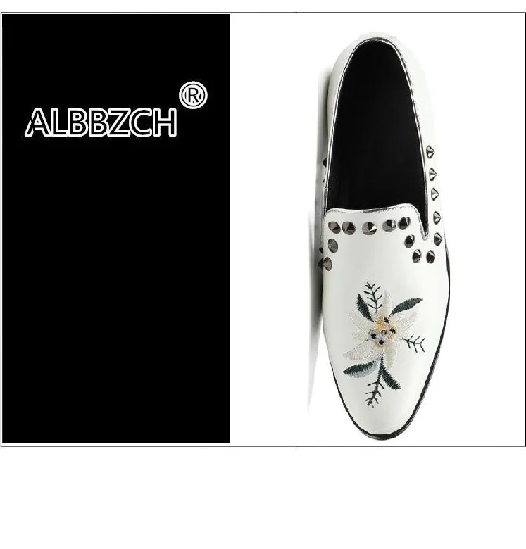 Homens Bordados Branca Casuais Deslizamento Do Preta Toe Em Mens Nova Homem 46 Couro Genuíno Apontou White Casamento Sapatos Tamanho black De Mocassins Moda nqPZx0wx8t